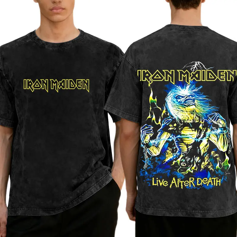 Iron Maiden Vintage Acid Washed T-Shirt, Double Sided Live After Death Eddie Back Print Graphic Tee, Oversized Heavy Metal Rock Band Washed Cotton Streetwear T-Shirt for Men Women