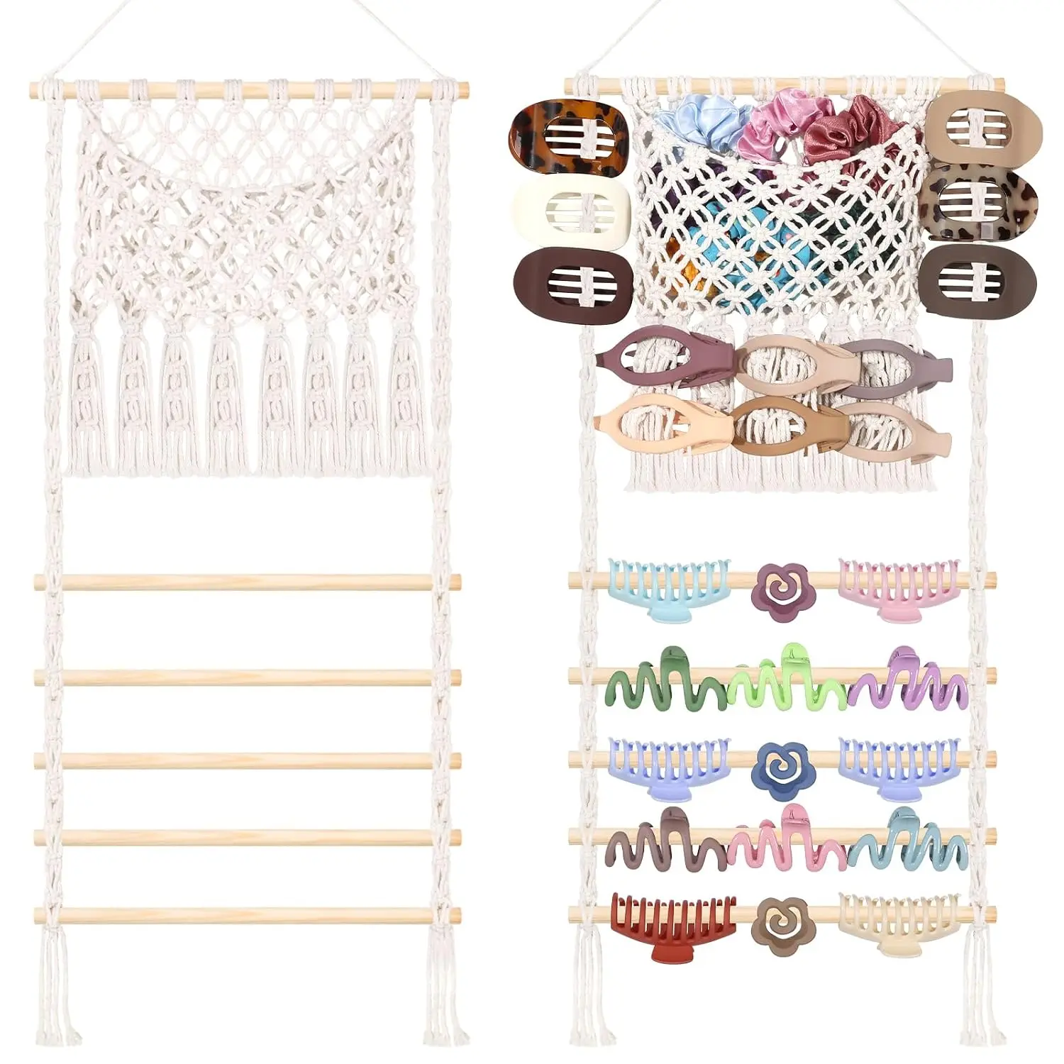 Macrame Hair Claw Clip Organizer,Large Capacity Mesh Bag Scrunchies Holder and Hair Ties Organizer for Women Girls,Hair Accessorie  Storage  Decor Wall,Door
