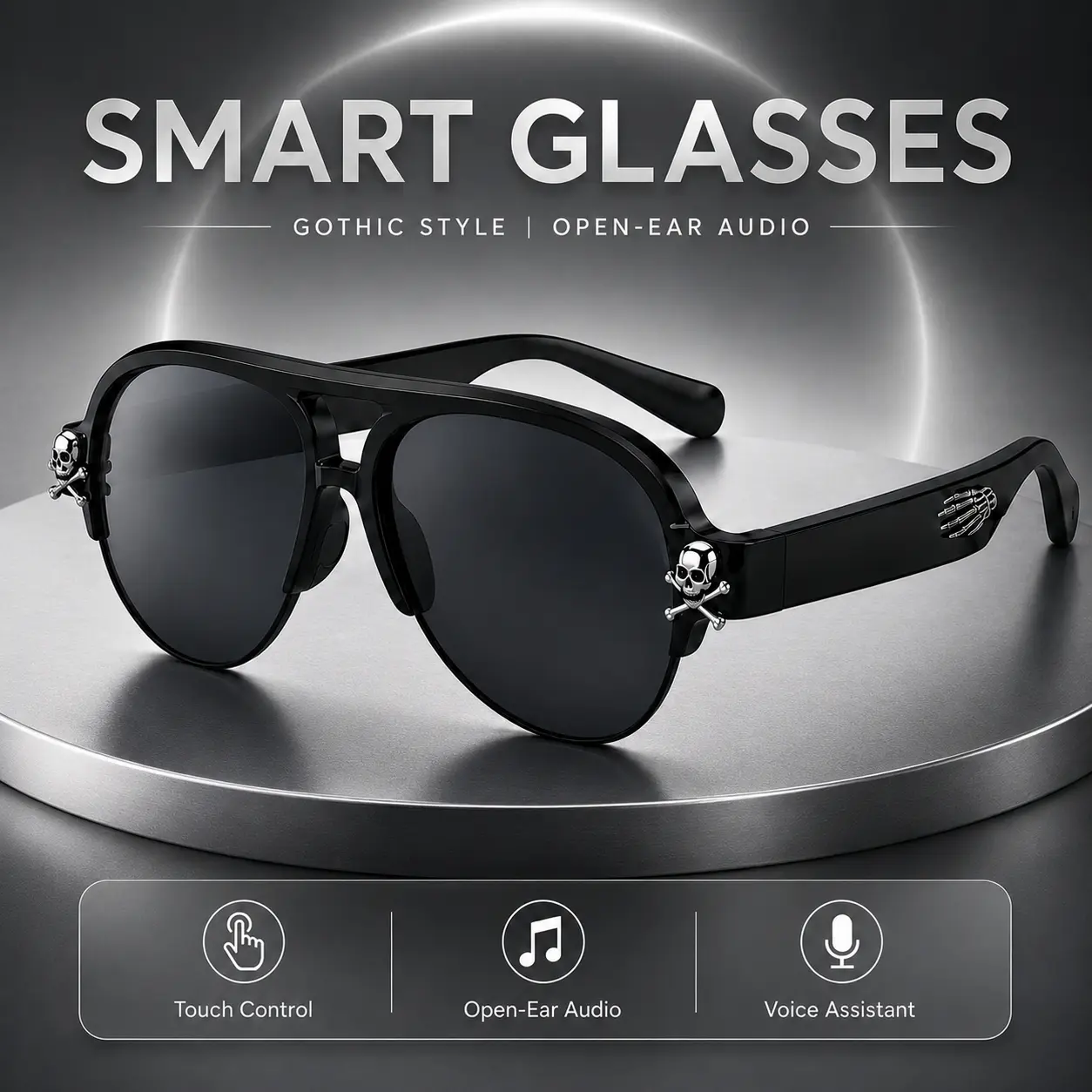 Gothic Skull Smart Sunglasses, Open-Ear Audio Glasses with Built in Microphone, Hands-Free Calling, Touch Control and UV Protection