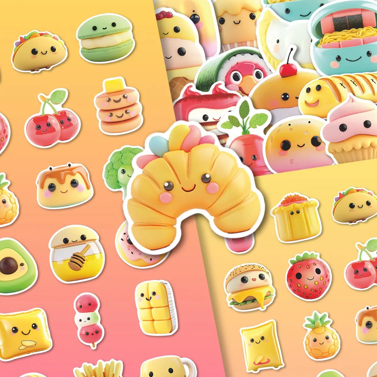 50pcs 2DFlat Food Die Cut Stickers Pack | Kawaii Croissant Sushi Burger Fruit Dessert Vegetable Soft Glossy Snack Aesthetic Vinyl Stickers for Scrapbook Water Bottle Journal Decor
