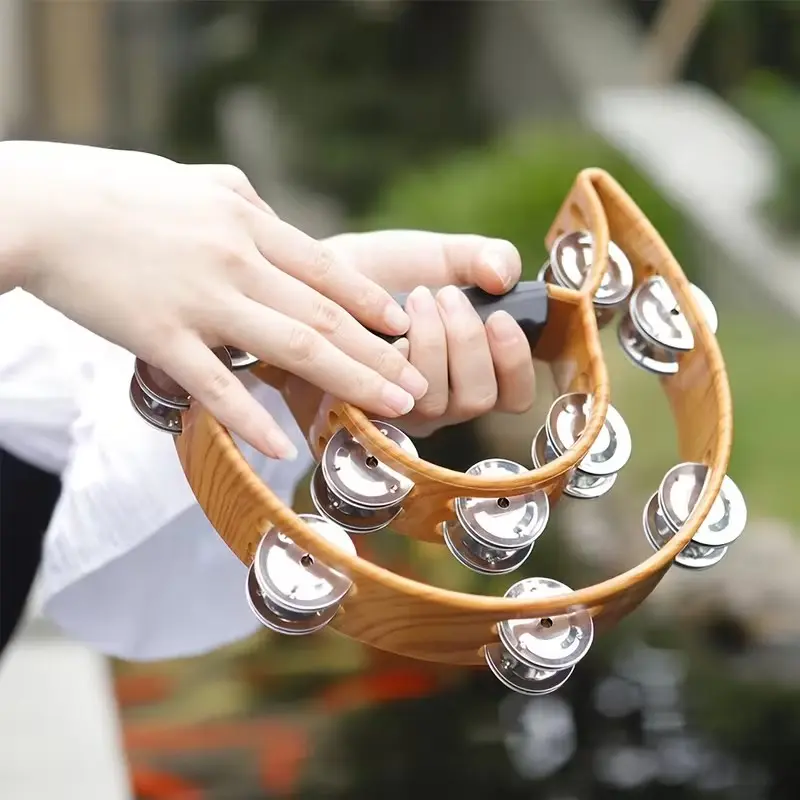 1pc Crescent Moon Tambourine with Colorful Drumsticks, Half-Moon Handheld Tambourine, Castanets with Ergonomic Grip Handle, Hand Percussion Instrument for Adults, Perfect for Church Choir, KTV & Parties