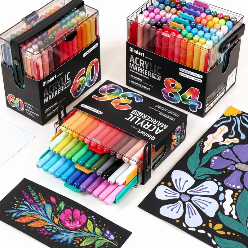 36/60/84 Colors Acrylic Paint Marker Set, Flexible 1-5mm Brush Tip Paint Pens with Controlled Ink Flow, Waterproof No-Bleed Water-Based Markers for Wood, Rock, Fabric, Metal and Canvas