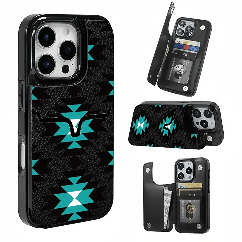 Black and Teal Geometric Bull Horn Pattern, This phone case features a card slot function, can store bank cards, transit cards and other cards, suitable for iPhone 17/16/15/14/13/12, and makes a great gift for girls.