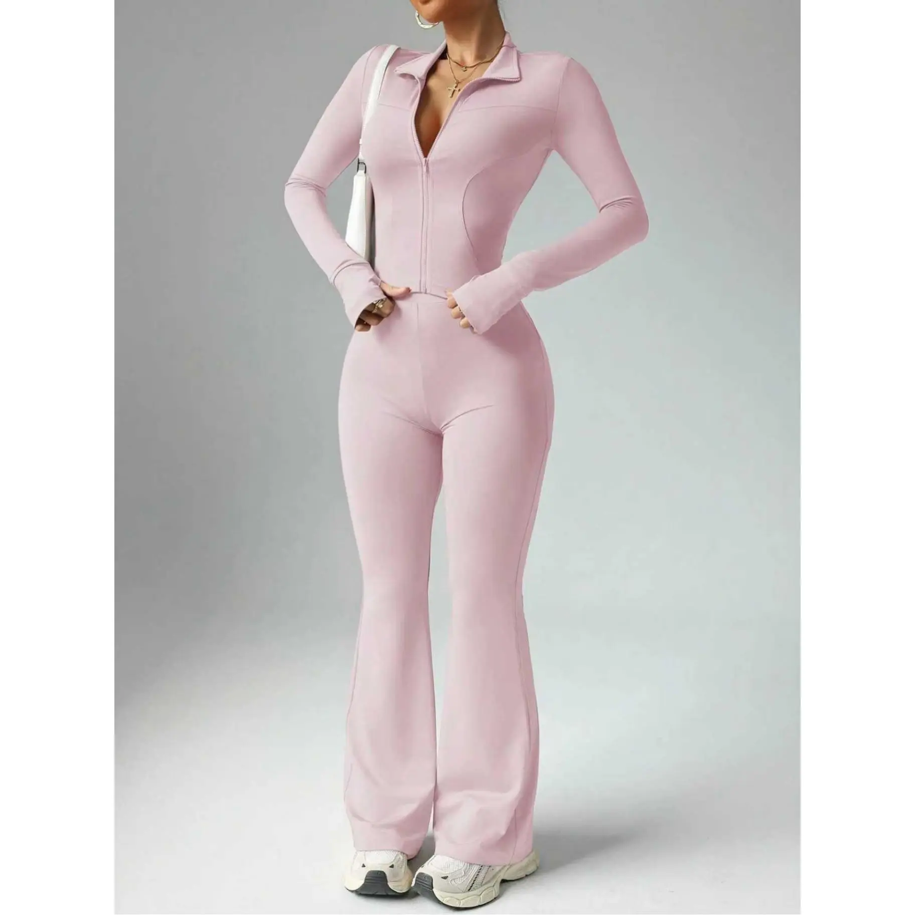 Women's 2-Piece Sporty Chic Tracksuit, Solid Color Fitted Sweatset with Zippered Front and Lapel Collar for Fall Winter, Piece Women's Sportswear Set, Sweatset Style