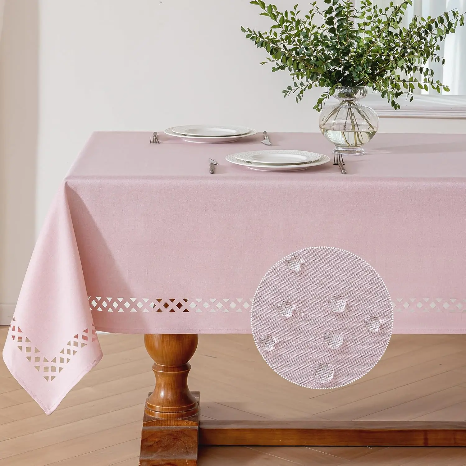 JIALE Pink Rectangle Linen Polyester Tablecloth with Decorative Cutouts, Waterproof Table Cloth Wrinkle Free Light Pink Valentines Farmhouse Dining Table Cover for Outdoor Party Camping, 55 x 70 inch