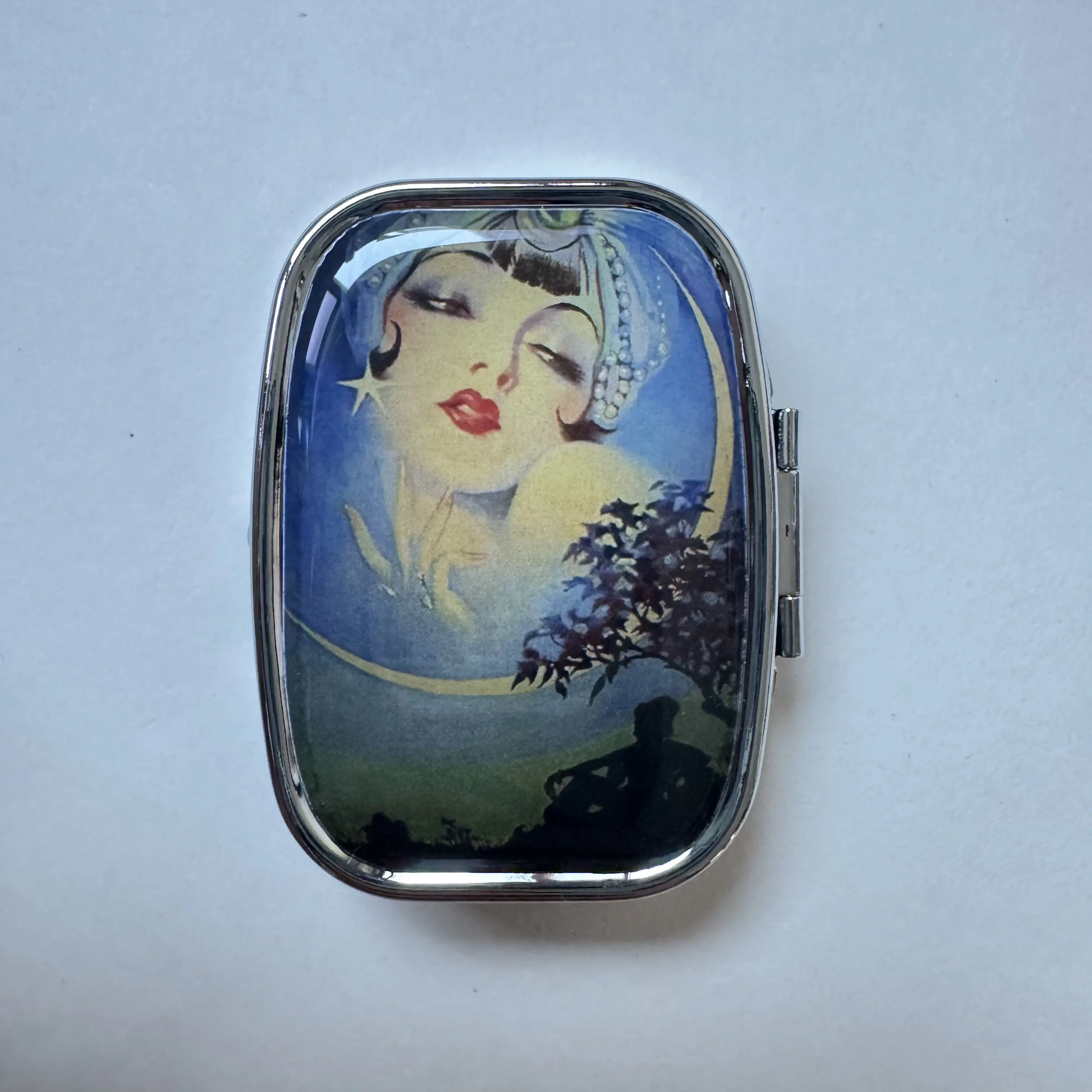 Metallic Pill Organizer - LADY in the MOON 1927 Vintage Artwork Magazine Ring Design Flip-Top Snap-Button Case with Glossy Metal Shell, Portable Vitamin Dispenser for Trinkets, Medicine, Supplements - Ideal for Parents