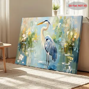 2D Flat Painting, 1 Large Blue Heron Bird Art Print--Realistic Coastal Swamp Wildlife Painting, Suitable for Bedroom, Living Room, Kitchen Wall Decoration--Framed Canvas Poster, Modern Farmhouse and Coastal Style Decor, Nature-Themed Gift for Bird Watcher