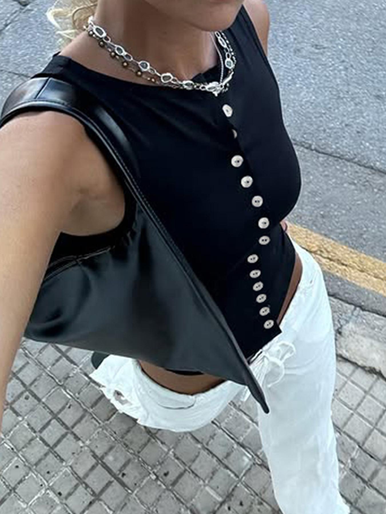 Women's Plain Button Closure Tank Top, Casual Sleeveless Top for Summer, Fashion Women's Top for Lady Daily Wear, Casual Cami Top