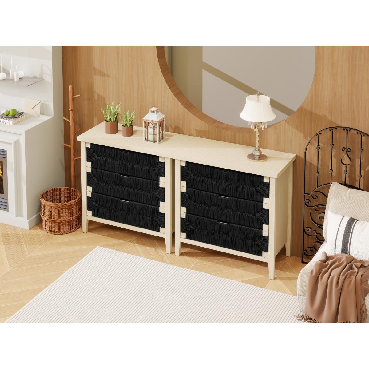 3 Drawer Buffet Sideboard with Adjustable Shelves, Storage Cabinet with Hand-woven rope decorated drawers for Living Room Kitchen Entryway