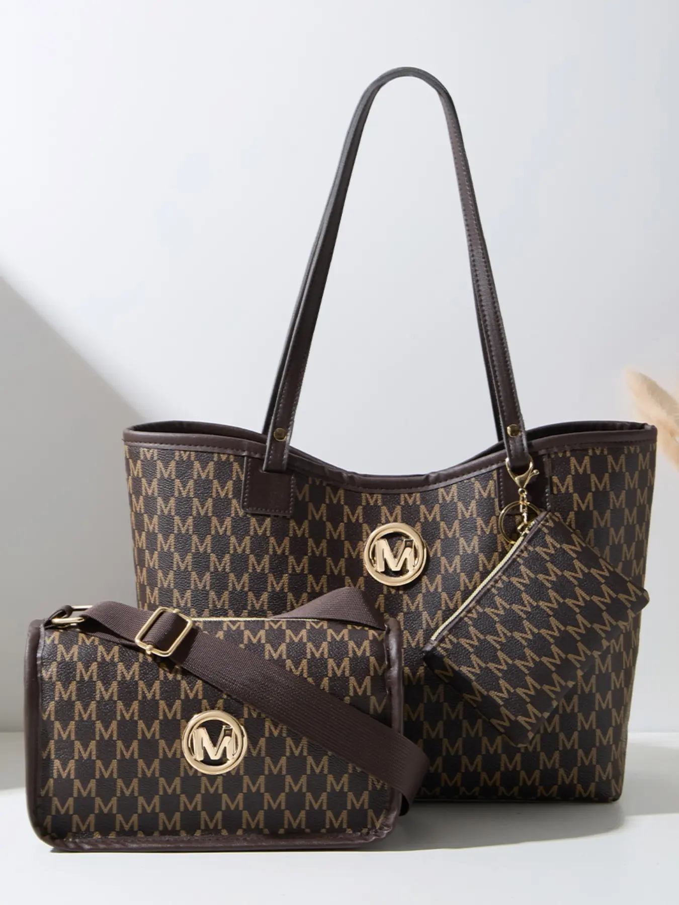 Women M Monogram 3Pcs Handbag Set Large Tote Shoulder Bag Crossbody Purse Coin Wallet PU Leather Vintage Matching Bag Set