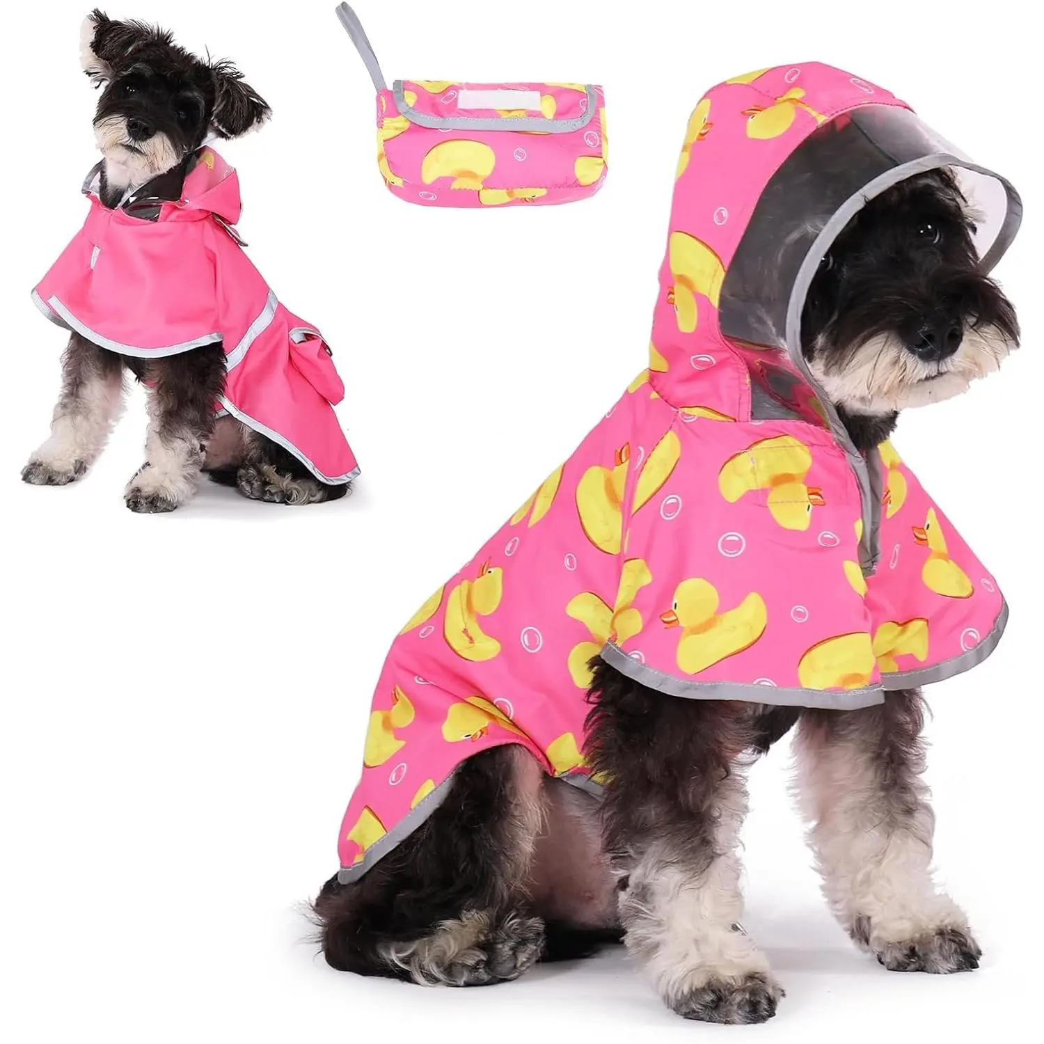 Reversible Dog Raincoat, Clear Hooded Double Layer Pet Rain Jacket with Easy Storage Pocket, Adjustable Waterproof Windproof Reflective Puppy Poncho with Leash Hole for Small Medium Dogs, M