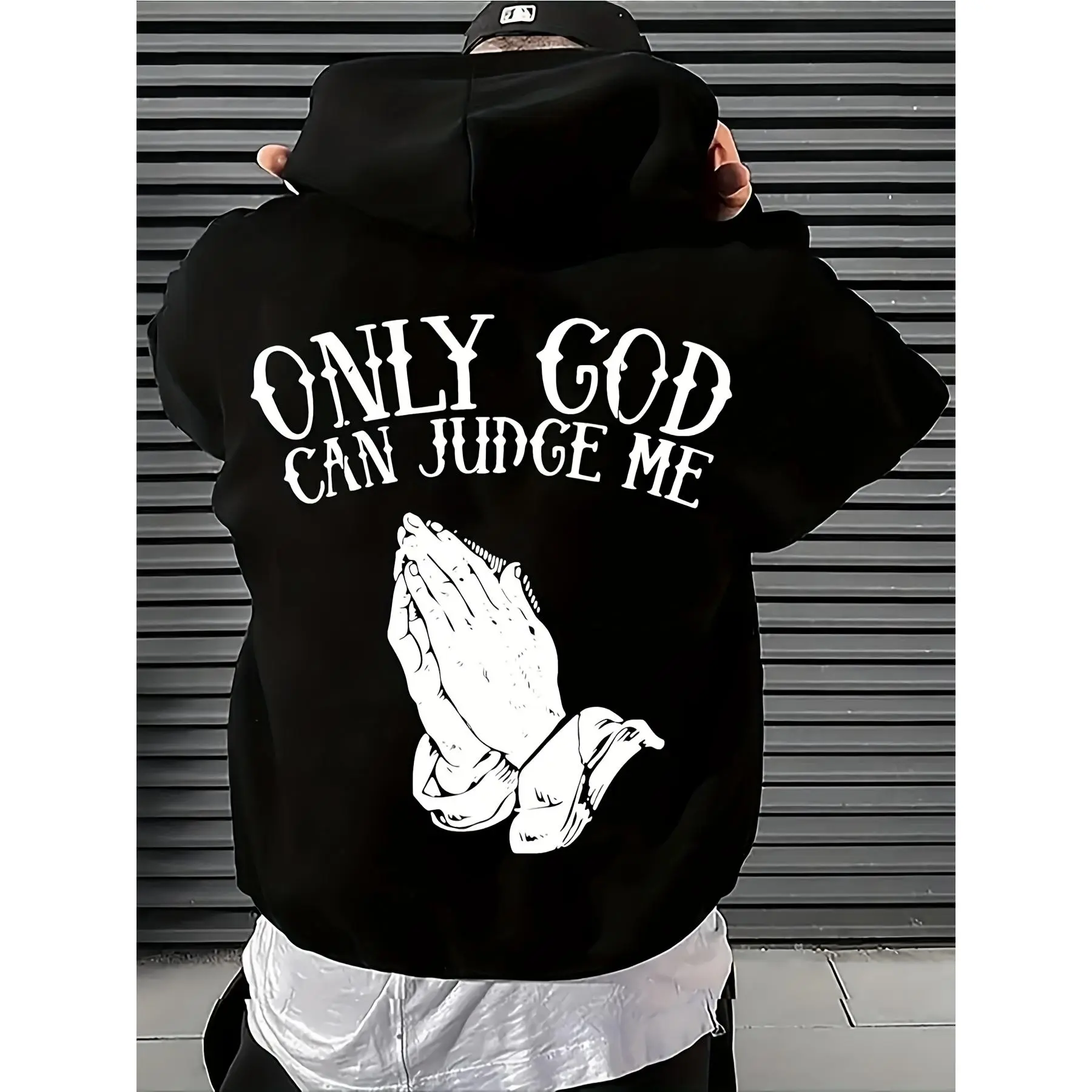 Men's Oversized Hooded Sweatshirt with "Only God Can Judge Me" & Prayer Hands Back Print - Religious Statement Hoodie, Soft Pullover, Kangaroo Pocket, Black & White Lettering, Streetwear Fashion, Durable Construction