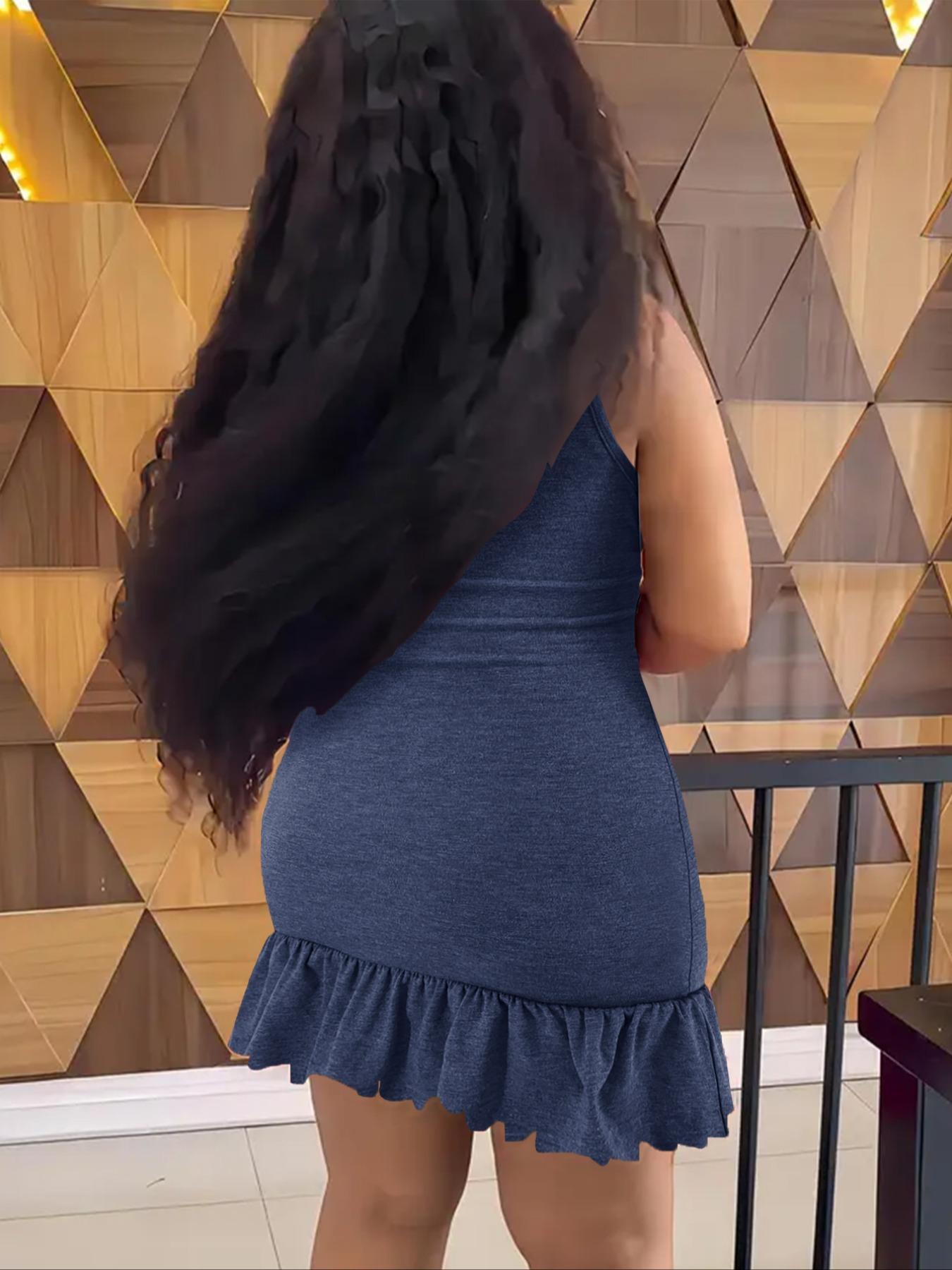 Women's Solid Color Round Neck Ruffle Trim Dress, Fashion Casual Crew Neck Sleeveless Short Dress for Daily Outdoor Wear, Women Dress for Summer, Bodycon Smooth Dress