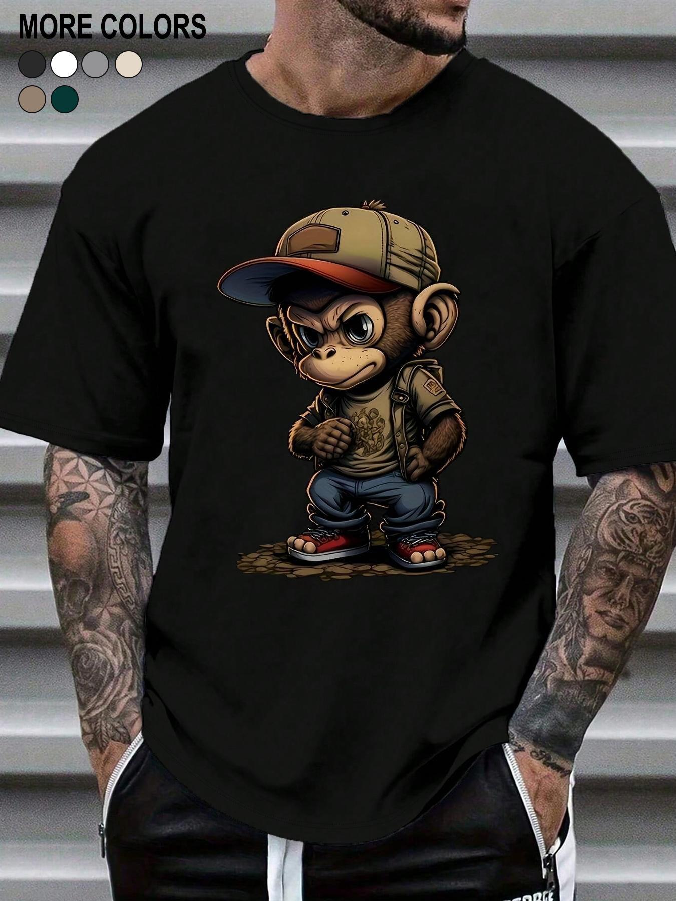 Men's Cartoon Monkey Print Round Neck Tee, Regular Fit Casual Comfy Streetwear Short Sleeve Crew Neck T-shirt for Summer, Fashion Men's Top for Daily Wear