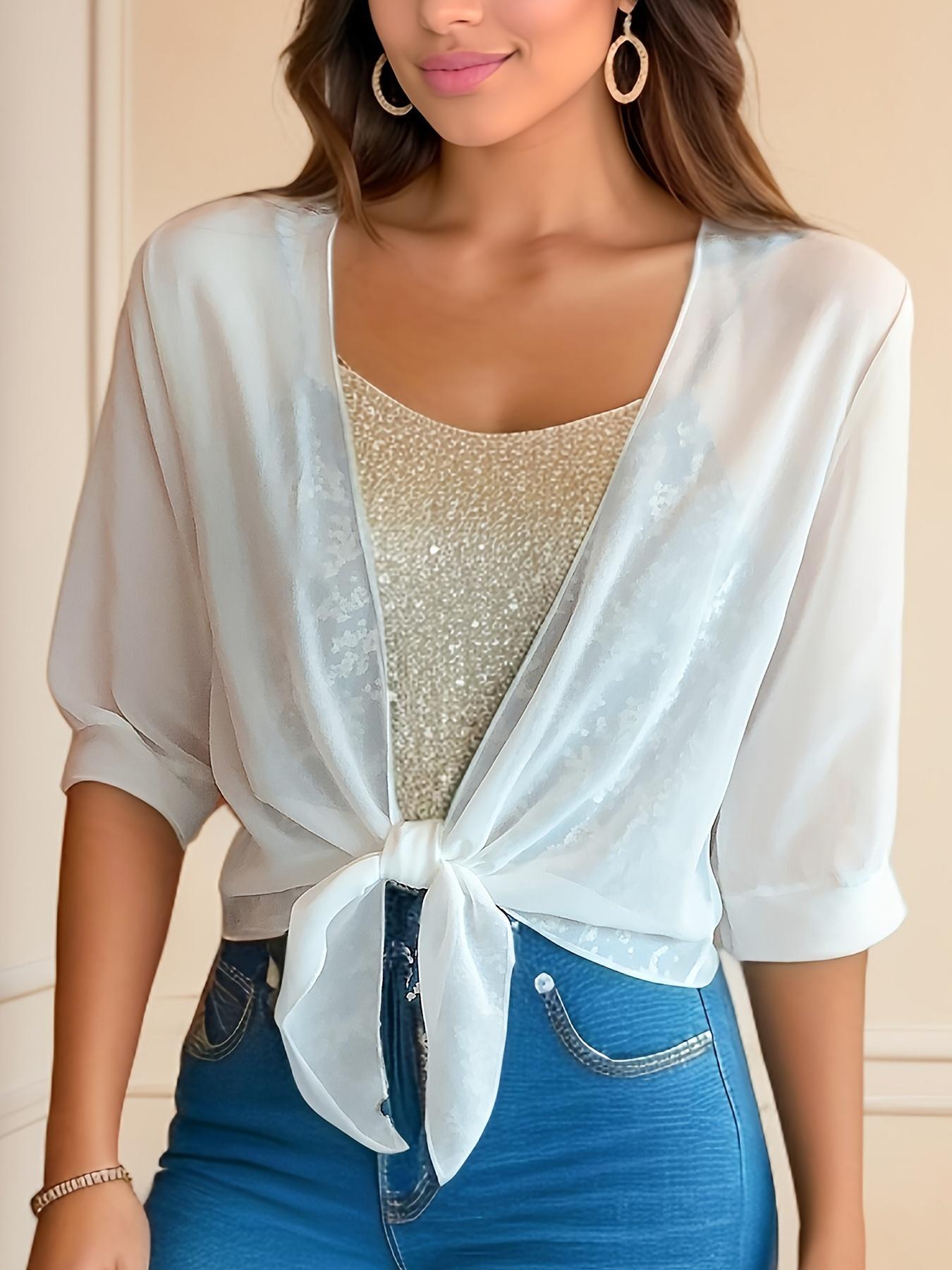 Women's Summer Solid Color Chiffon Cardigan, Half Sleeve Short Tie Knot Open Front Shrugs, Ultra Thin Lightweight Sheer Sunscreen Cover Ups for Dresses