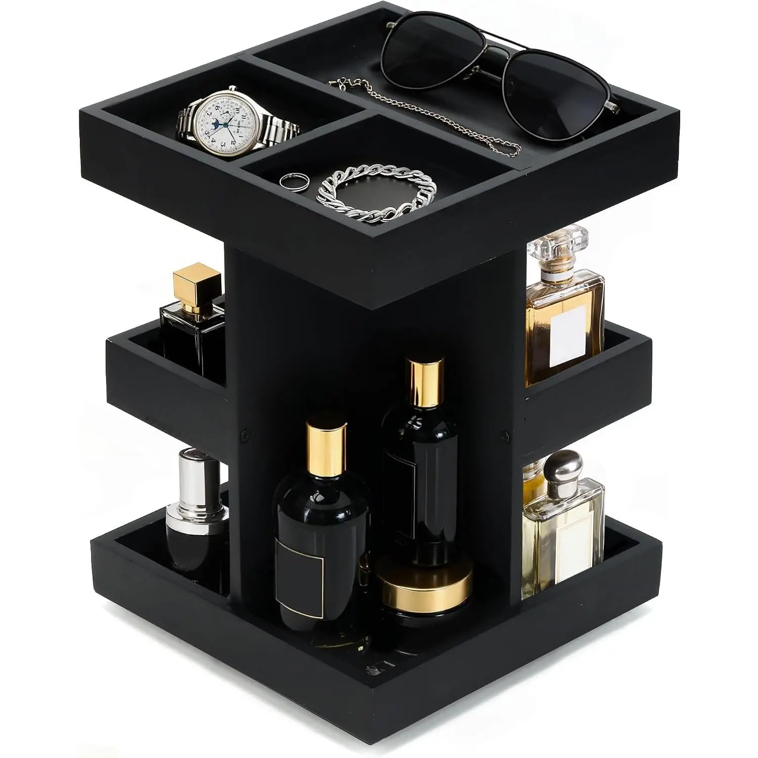 Cologne Organizer for Men Men's Cologne Stand 360° Rotating  Perfume Organizer 3 Tier Wooden Perfume Shelf Display Holder for Dresser Desk Organizer, Black Organizador de Perfumes