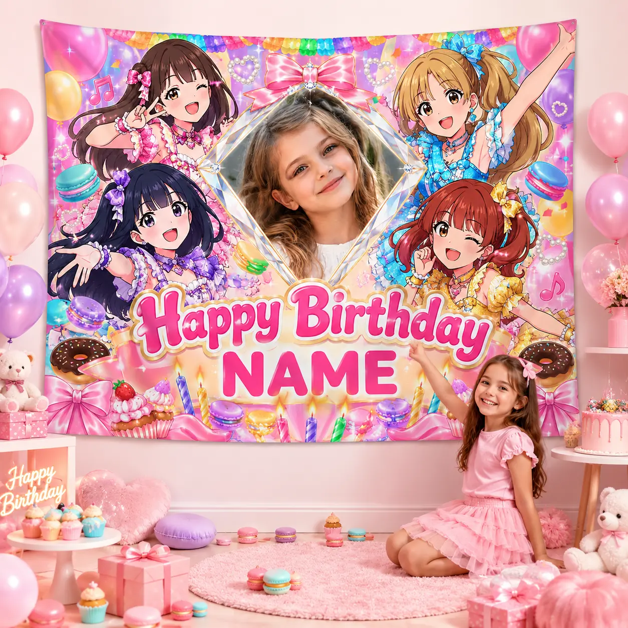 Customizable Colorful Anime-Style Personalized Birthday Backdrop for Girls, Pink Candy Girl Custom Name Photo Banner with Photo Insert, Kawaii Heart Festive Party Decor