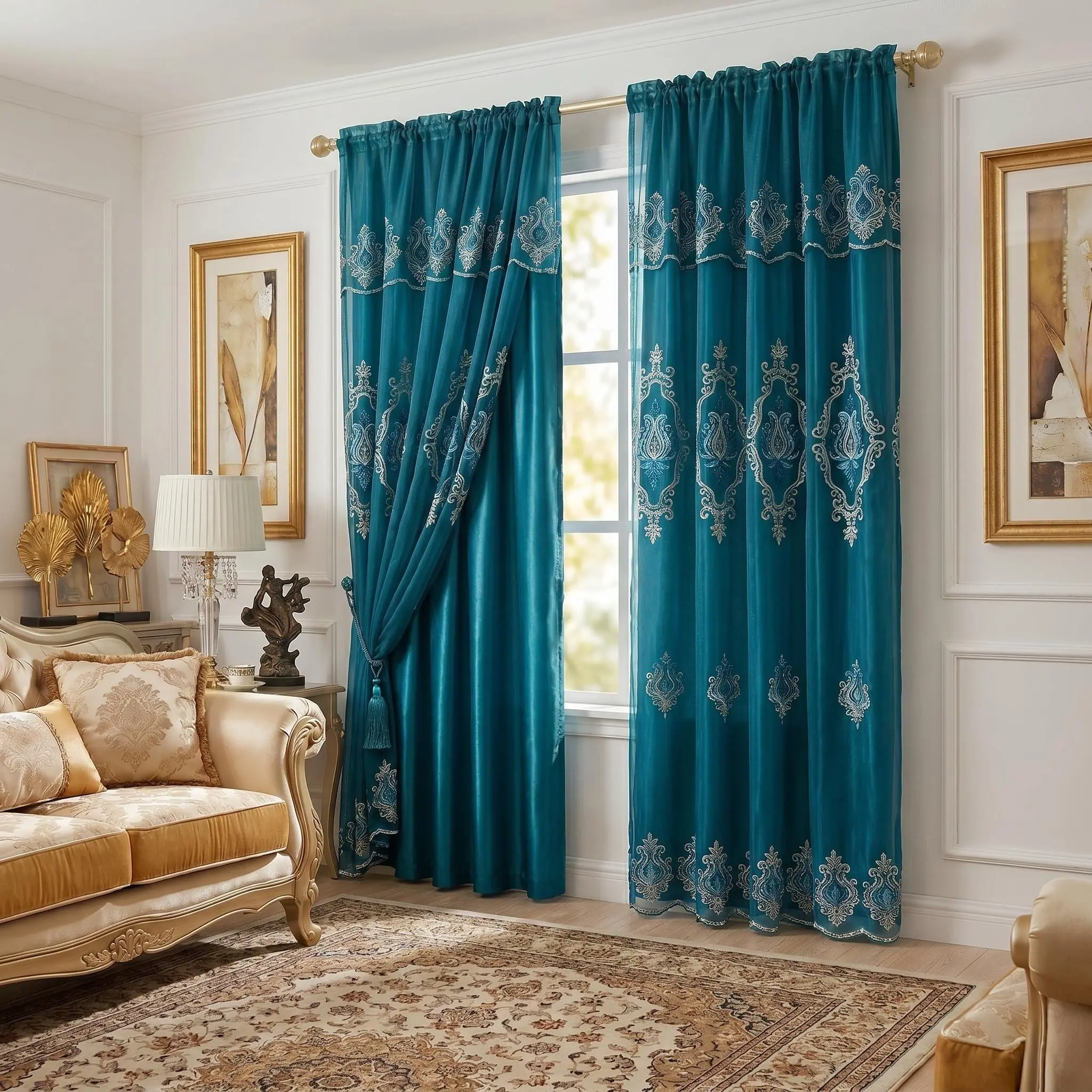 Damask Embroidery 2-Panel Blackout Curtain Set - 52x84 in Double Layer Drapes with Waterfall Valance, Rod Pocket, Low Iron, Anti-Shrink, Breathable, Fade Resistant Decor for Living Rooms, Bedrooms (QF01; Do Not Bleach)