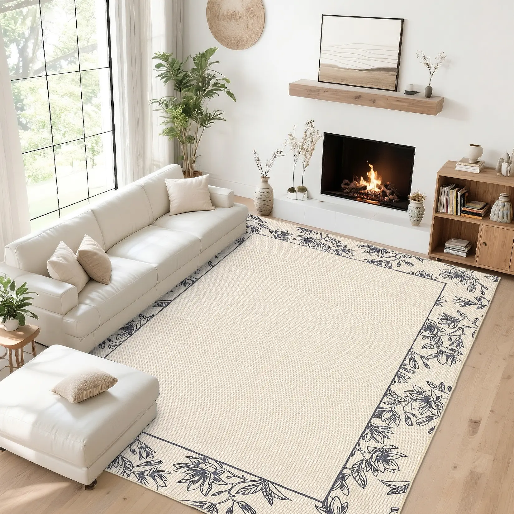 Modern Farmhouse Solid Color Border Area Rug, Ultra Thin Soft Non-Shedding Foldable Washable Rug with Anti-Slip Backing for Living Room, Dining Room, Office & Laundry Room Indoor Decor