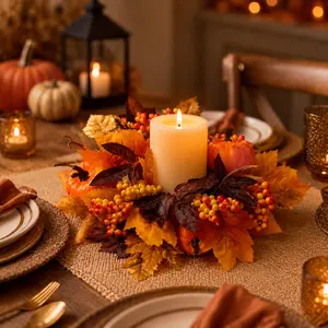 2 Piece Autumn Pumpkin Candle Holder Wreath, Halloween Thanksgiving Christmas Party Decor, Elegant Gift for Festive Occasions