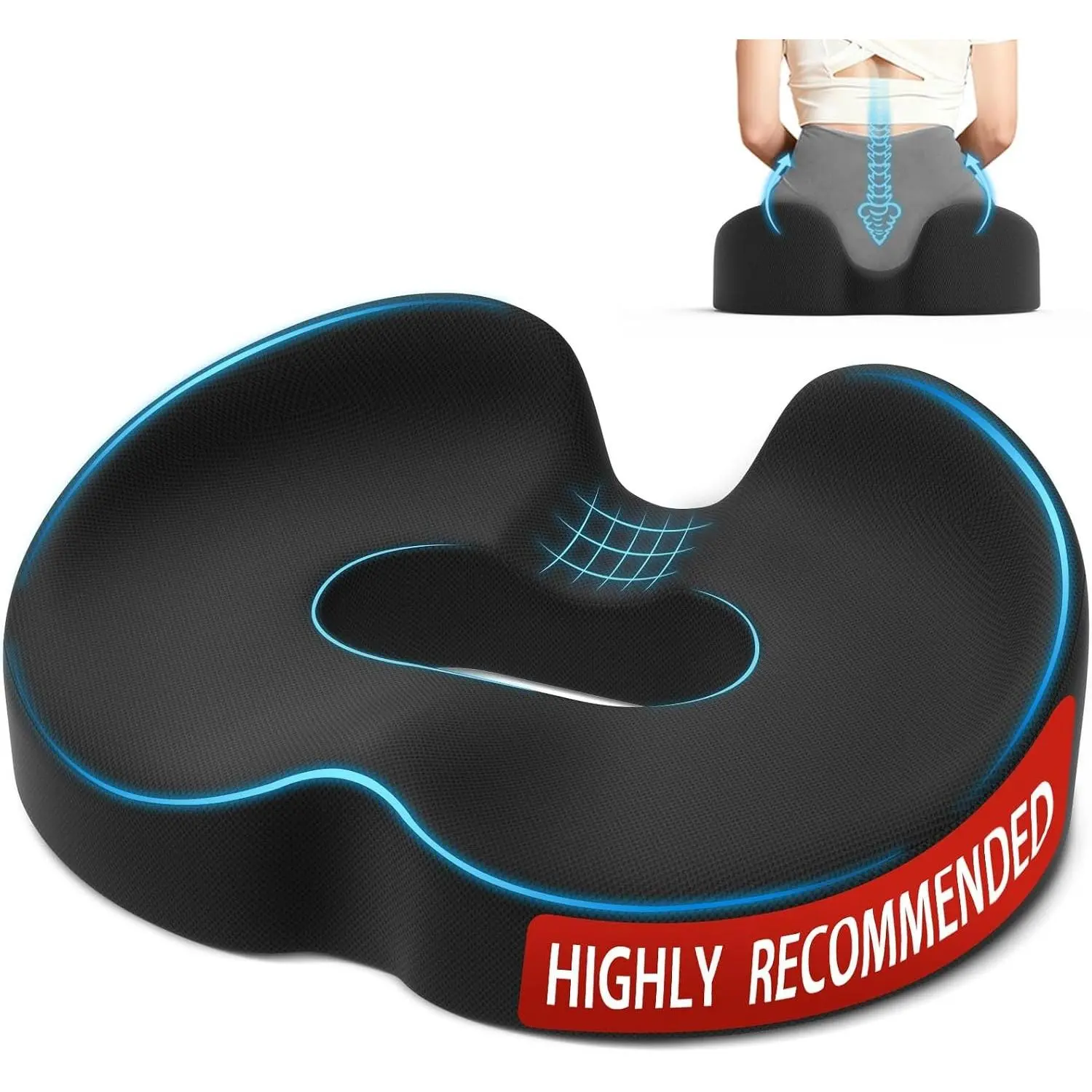 Ergonomic Donut Pillow Seat Cushion with Raised Rear Support, Large Memory Foam Lifting Cushions for Tailbone, Hemorrhoids & Sciatica Relief, Office Chair, Car, Travel, Postpartum, BlackGift