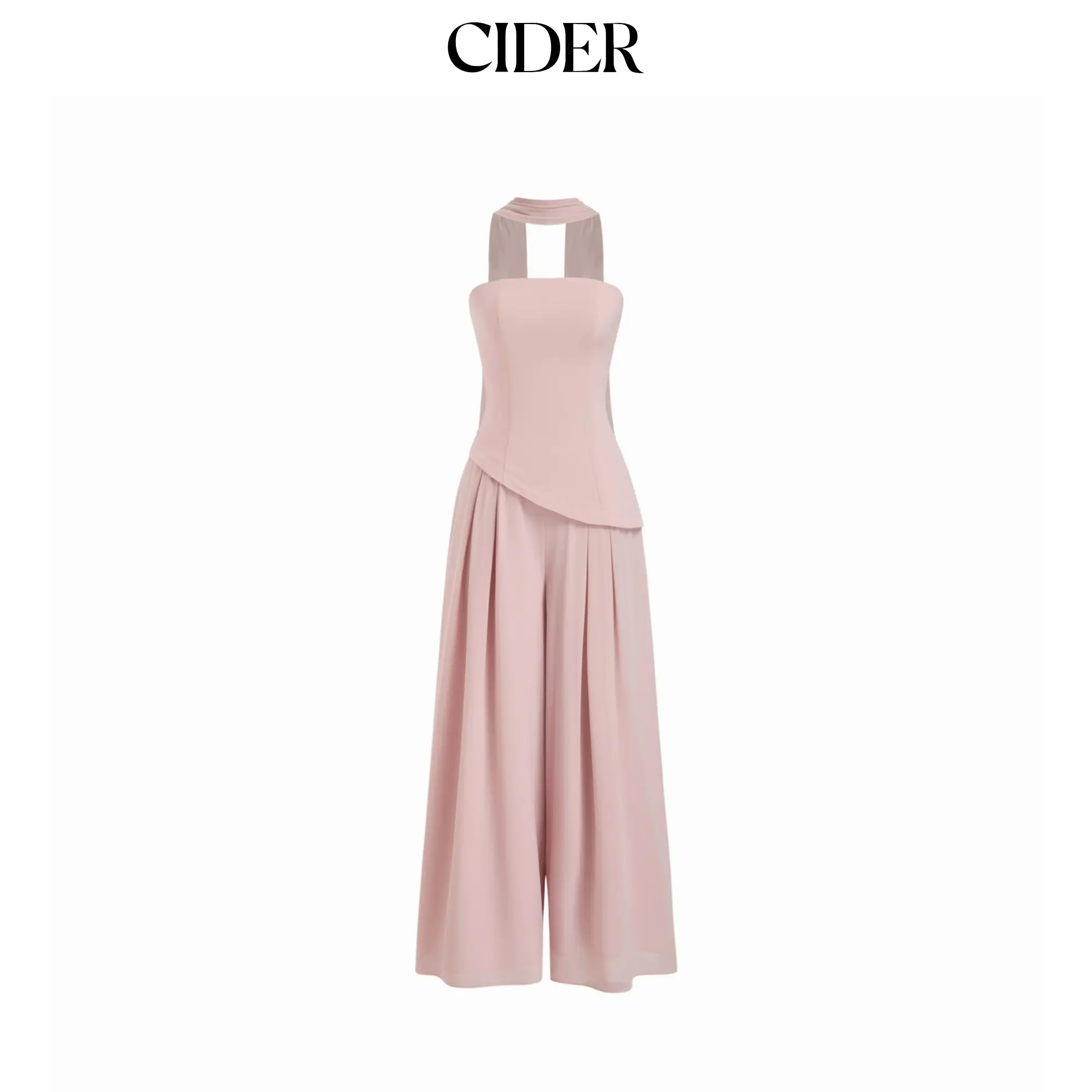 Cider Chiffon Mid Rise Bandeau Asymmetrical Lace Up Wide Leg Jumpsuit With Scarf