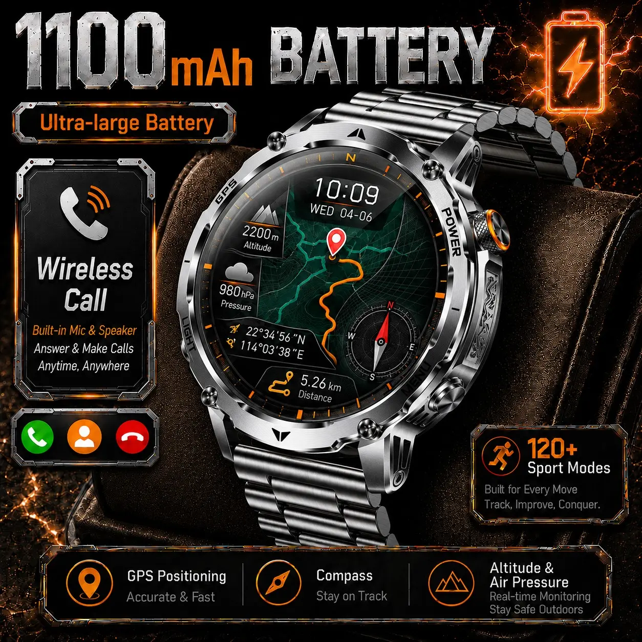 2026 new GPS positioning men's outdoor sports smart watch, 1100mAh long battery life, compass, altitude and air pressure, 120+ sports mode, red and white LED flashlight, IPX8 waterproof, wireless call, fitness smart watches suitable for iPhone and Android
