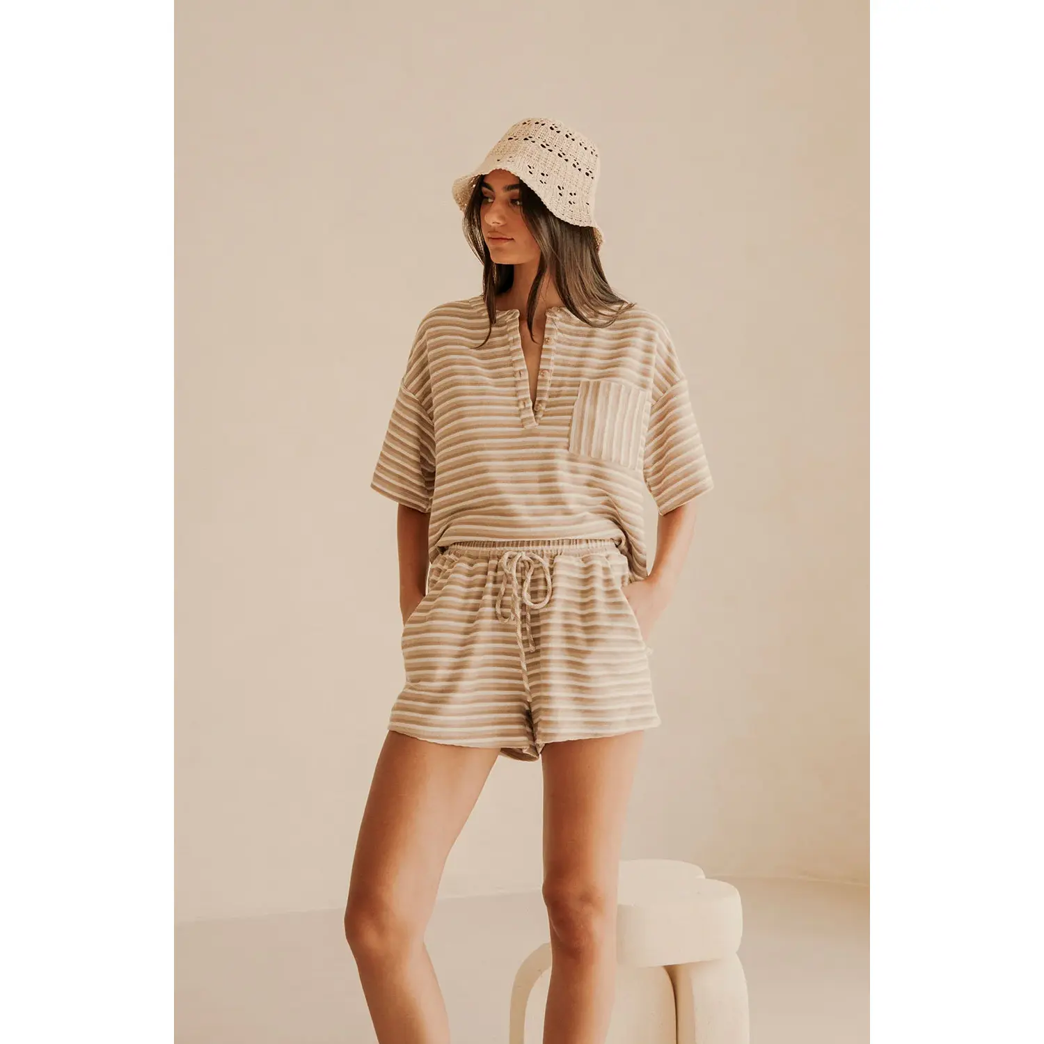 Women's 2 Piece Striped Lounge Set Short Sleeve Henley Button Top and Drawstring Shorts Casual Outfits