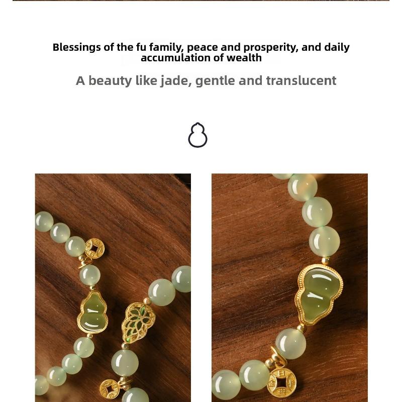 S925 Sterling Silver Hetian Jade Gourd Bracelet for Women Gold Inlaid Jade New Chinese Style National Style Jade Bracelet Light Luxury Exquisite Gift.