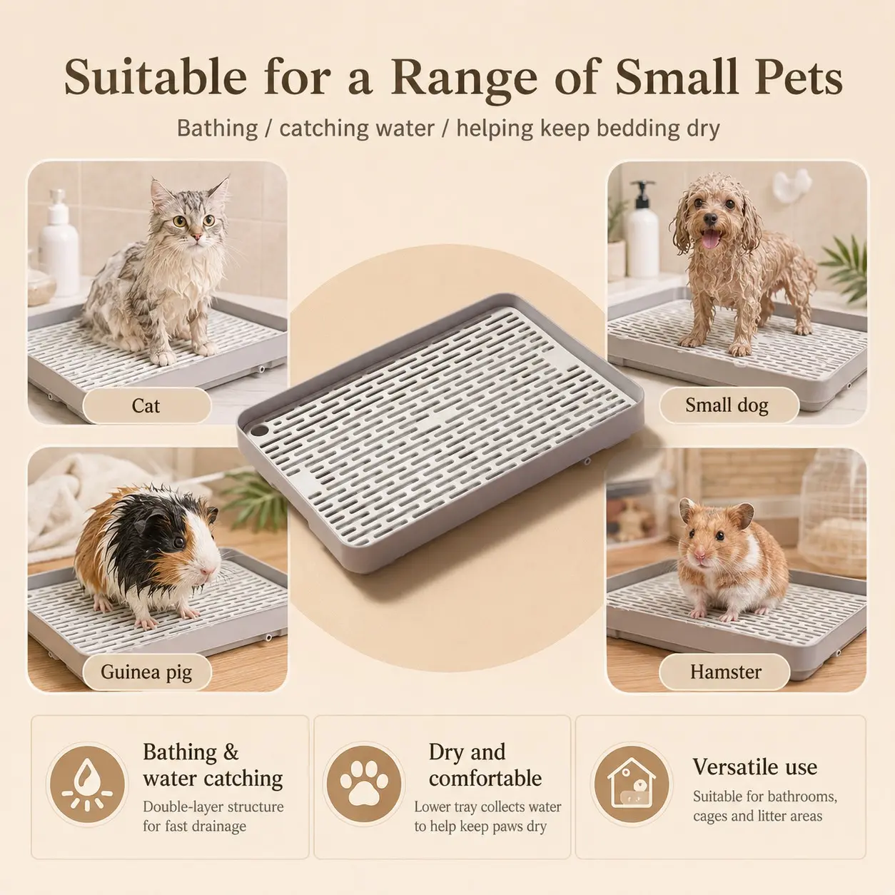 Grid Bath Tray & Litter Box, Easy Clean Training Tray, Puppy Potty Tray Supplies for Dogs, Cats, Kittens, Hamsters, Rabbits, Rectangular Design, Washable Pet Waste Solution