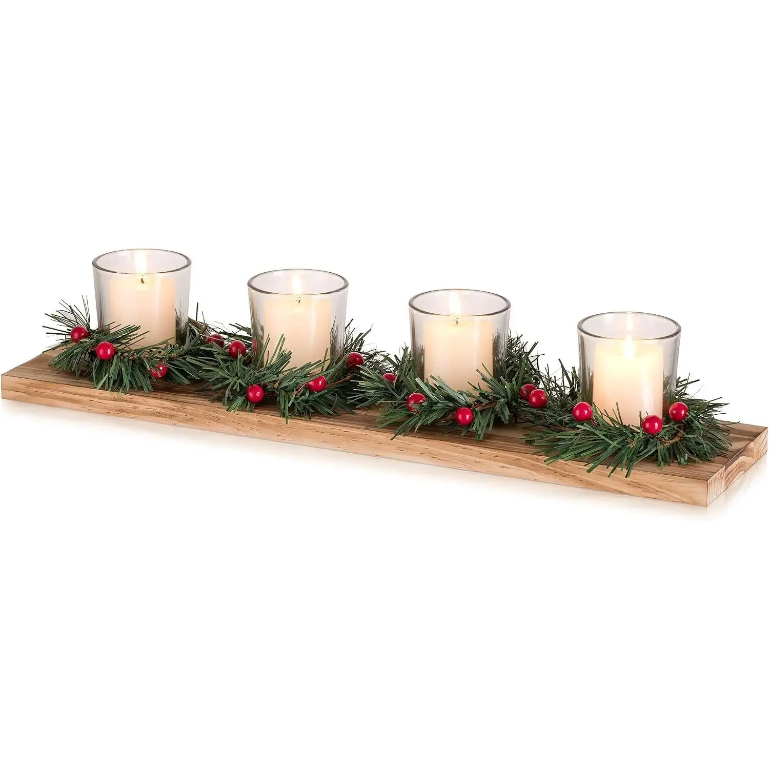 Christmas Candle Holder for Table Centrepiece Decoration: Rustic 4 Tealight Holders with Mini Christmas Wreaths Wooden Tray for Xmas Winter Dinner Table Home Decor Gift 16.5 Inches