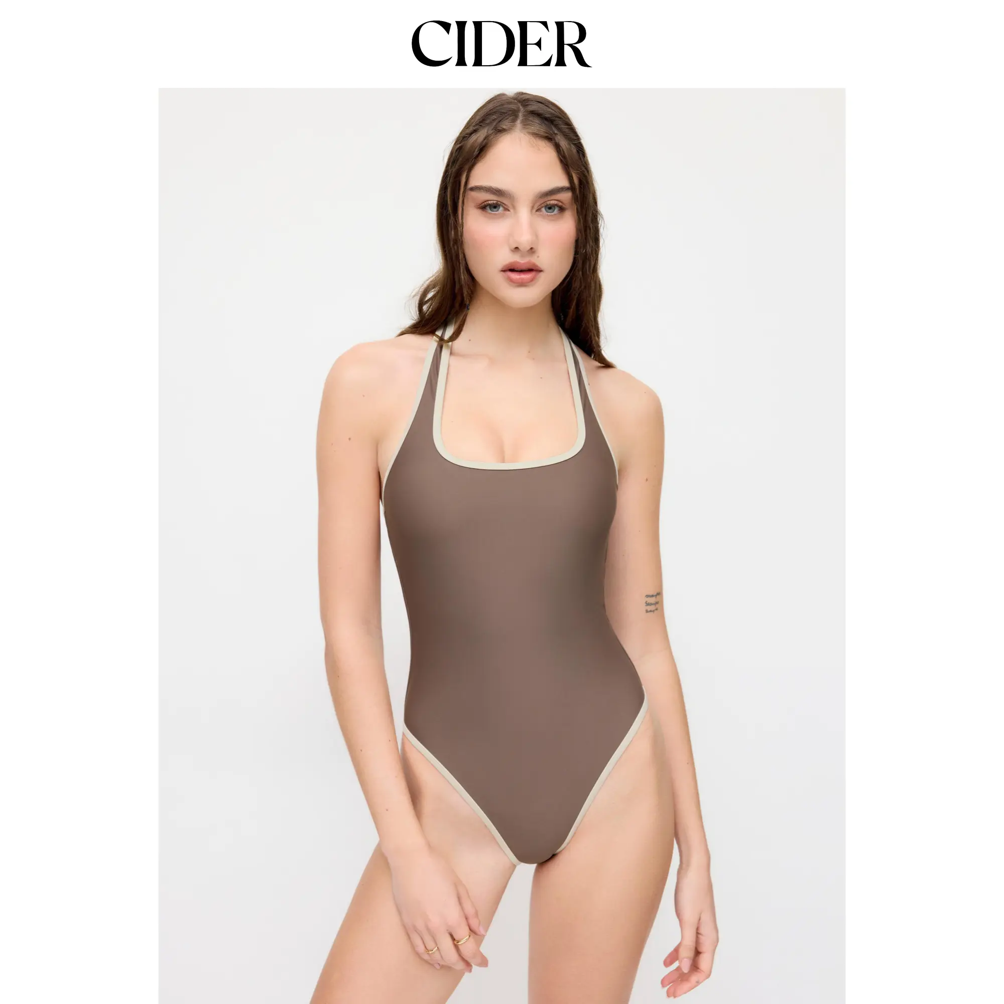 Cider High Stretch Halter Neck Contrast Trim One Piece Swimsuit