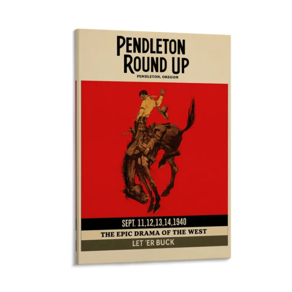 Pendleton Round Up Rodeo Cowboy Cowgirl Poster - Lightweight Western Ranch Artwork, Ultra HD Multi-Size Solid Wood Frame Wall Art, Waterproof Print Design, Creative Design Graphic Prints, Home Inspo Decoration for Living Room,Kid Room, OSU Fans Gift, Pict
