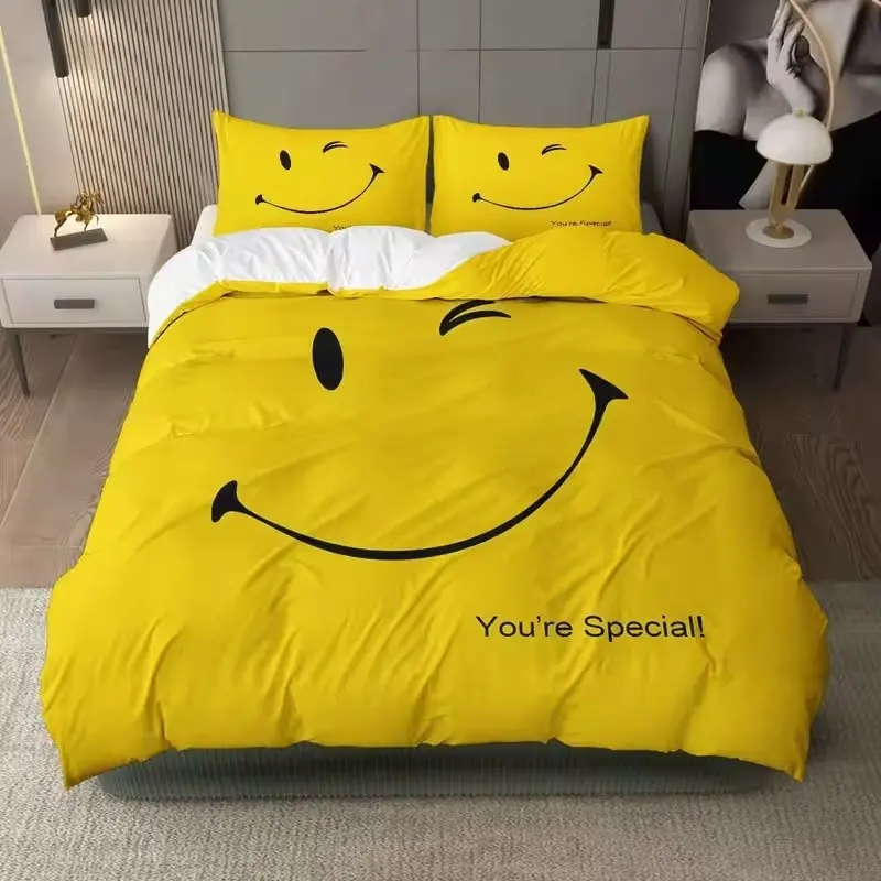 Smiley Letter Print Bedding Set, 1 Duvet Cover + 2 Pillowcases, High-Definition Printing, Home & Dormitory Bed Linen, No Padding