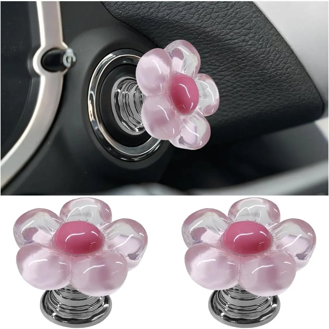 2 count Flower  Push to Start Button Cover, Cute Stylish   Engine Start Stop Button Decoration, Funny Auto Interior   Protection Accessories for   (Green)