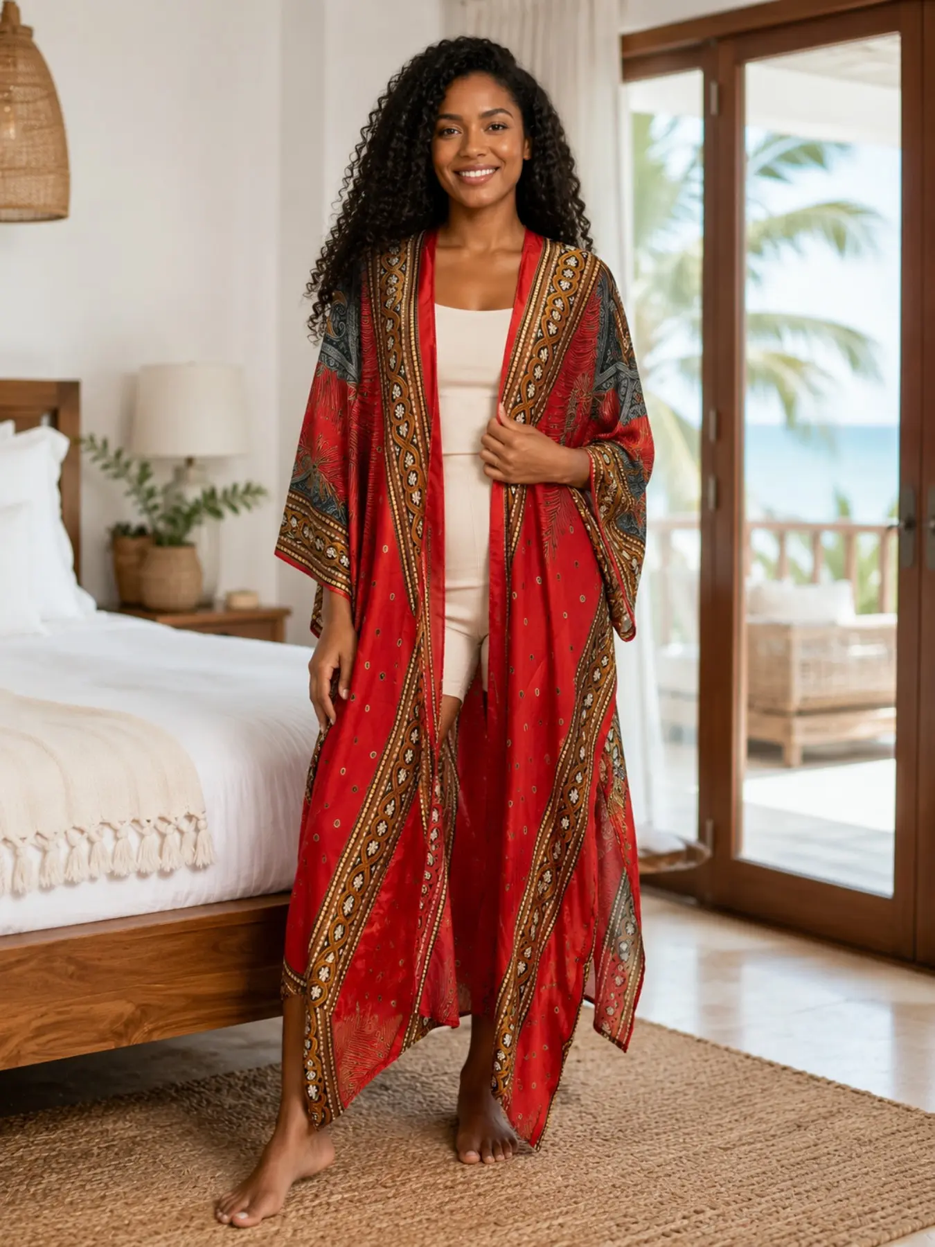 Plus Size Women Open Front Satin Caftan Robe, Bright Red Vintage Tribal Palm Feather Border Print Loose Batwing Sleeve Long Sleep Robe, Curvy Elegant Loungewear for Home Beach Vacation