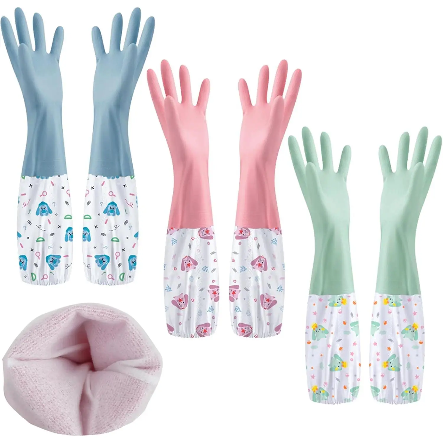 3 Pairs Dishwashing Cleaning Gloves, Waterproof Reusable Kitchen Long Rubber Gloves, Non-Slip Latex-Free Household Gloves With Cotton Lined Laundry Cleaning Working Gardening Cooking