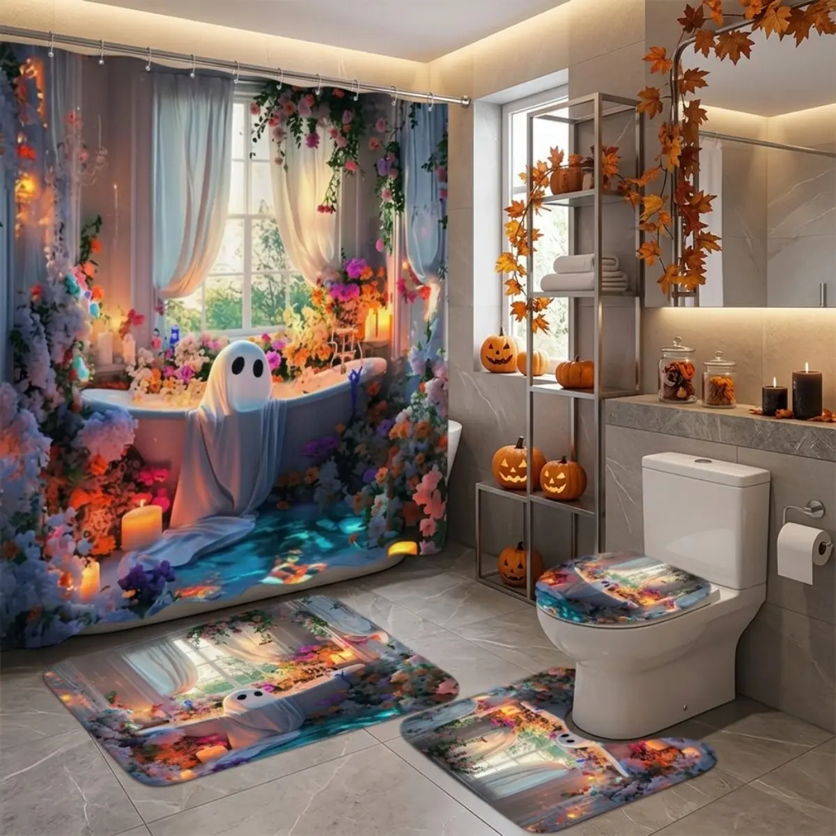 4pcs Halloween Ghost & Floral Decorative Shower Curtain Set, Cute Spooky Bathroom Decor with Toilet Lid Cover and Matching Bath Mats