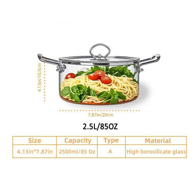 Large Capacity Glass Pot with Lid,1 Count Stainless Steel Handle Cookware,Clear Glass Pasta Pot, Cooking Pot for Home Kitchen, Stew Pot