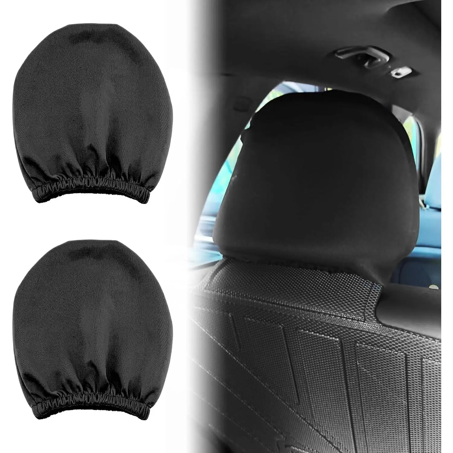 2-Pack Car Headrest Covers, Breathable Stretch Knitted Fabric Full Wrap Dust Guard, Flexible Decorative Headrest Protection Accessories for Cars/SUVs (Black)