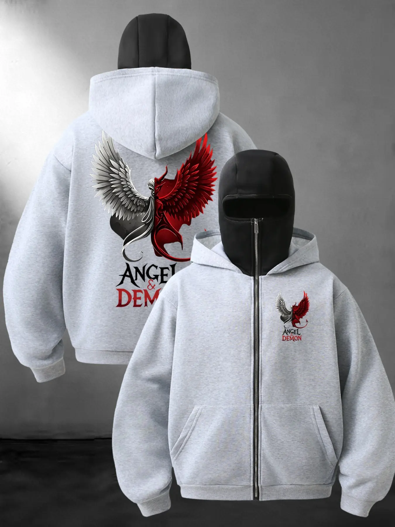 Zip Up Balaclava Hoodie, front small angel demon wing logo & back large contrast wing print, kangaroo pocket oversized goth street sweat jacket for hip hop skate casual daily wear#BalaclavaHoodie #GothStreetwear #AngelDemonPrint #DarkFashion