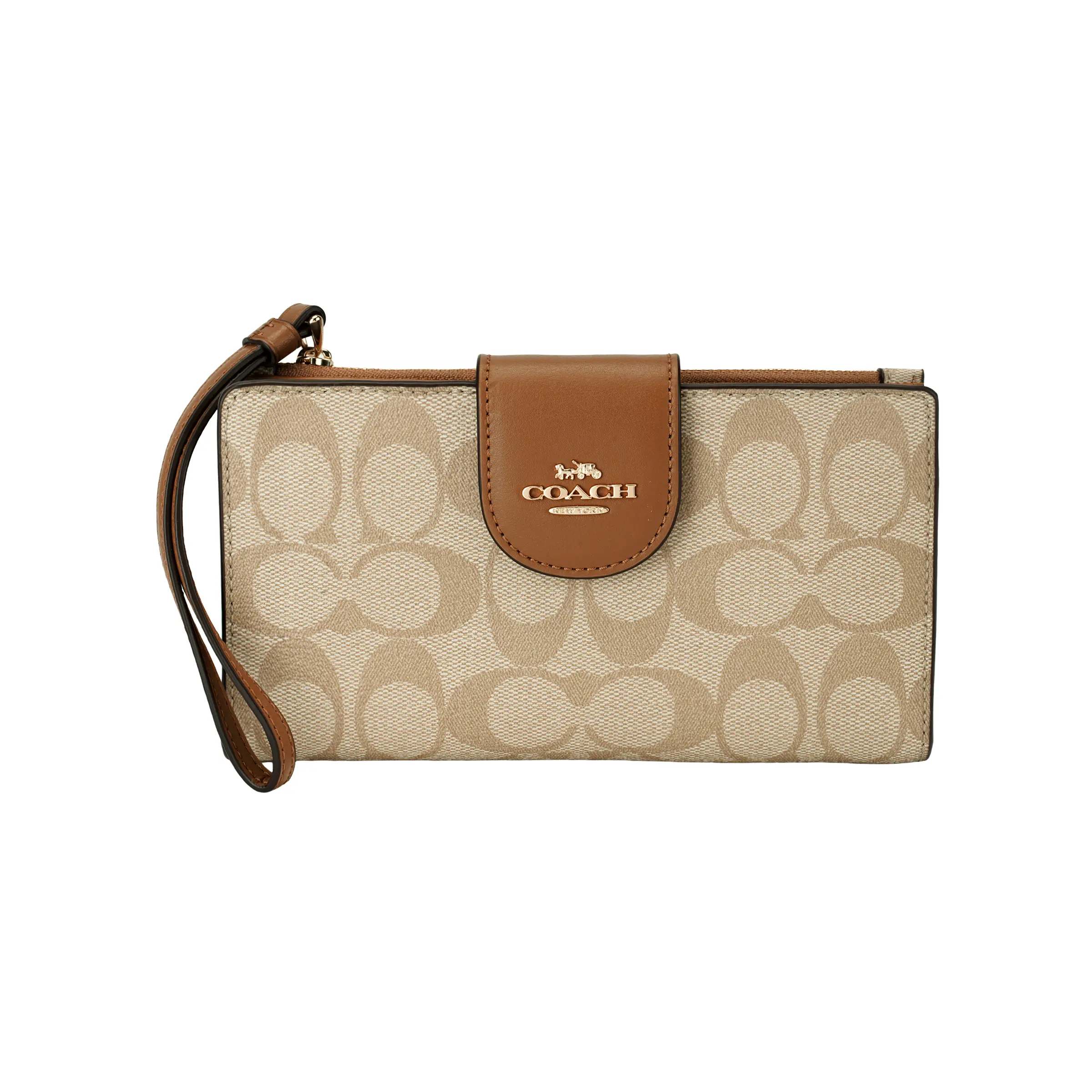 COACH Tech Wallet 18 for Women – Signature Snap Closure Multi-Slot Cardholder in Canvas and Smooth Leather, Khaki and Saddle