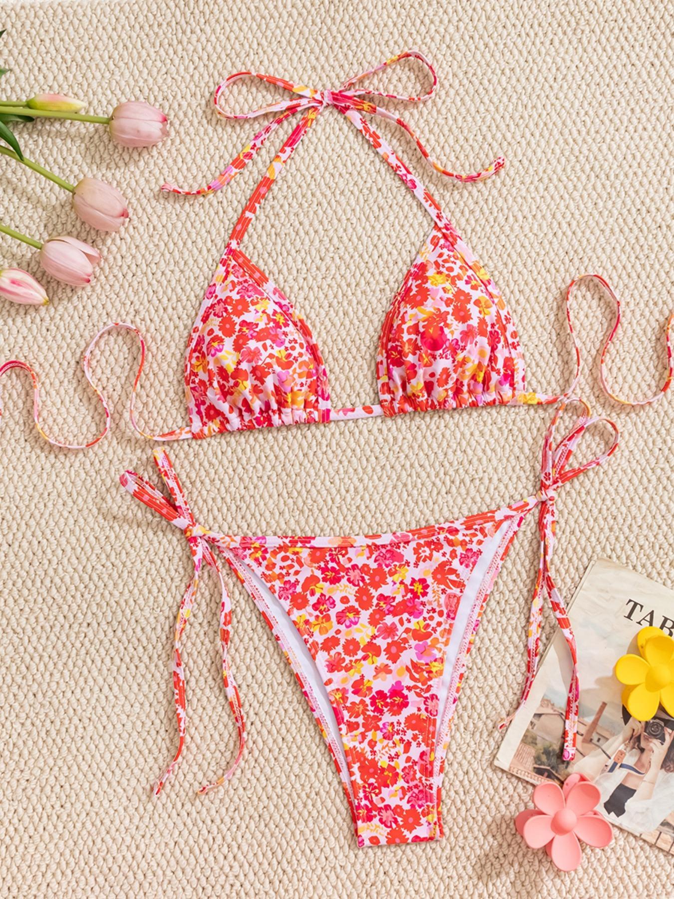 Two-piece Set Women's Striped / Floral  Print Bikini Set, Casual Fashion Chic Swimwear Set for Beach Holiday Vacation, Ladies Swimsuit for All Seasons