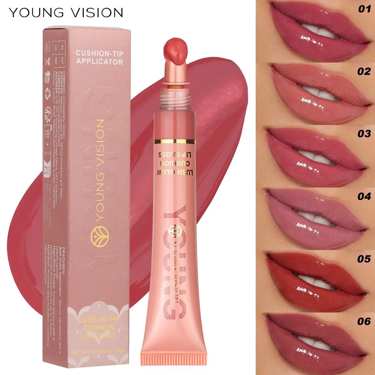 YOUNG VISION Glossy Cosmetic Lip Gloss, Juicy Gloss, Soft Brush for Even Application, Long-Lasting Moisturizing Formula, Mirror Finish, Hydrating Lip Makeup, Long Lasting Shine