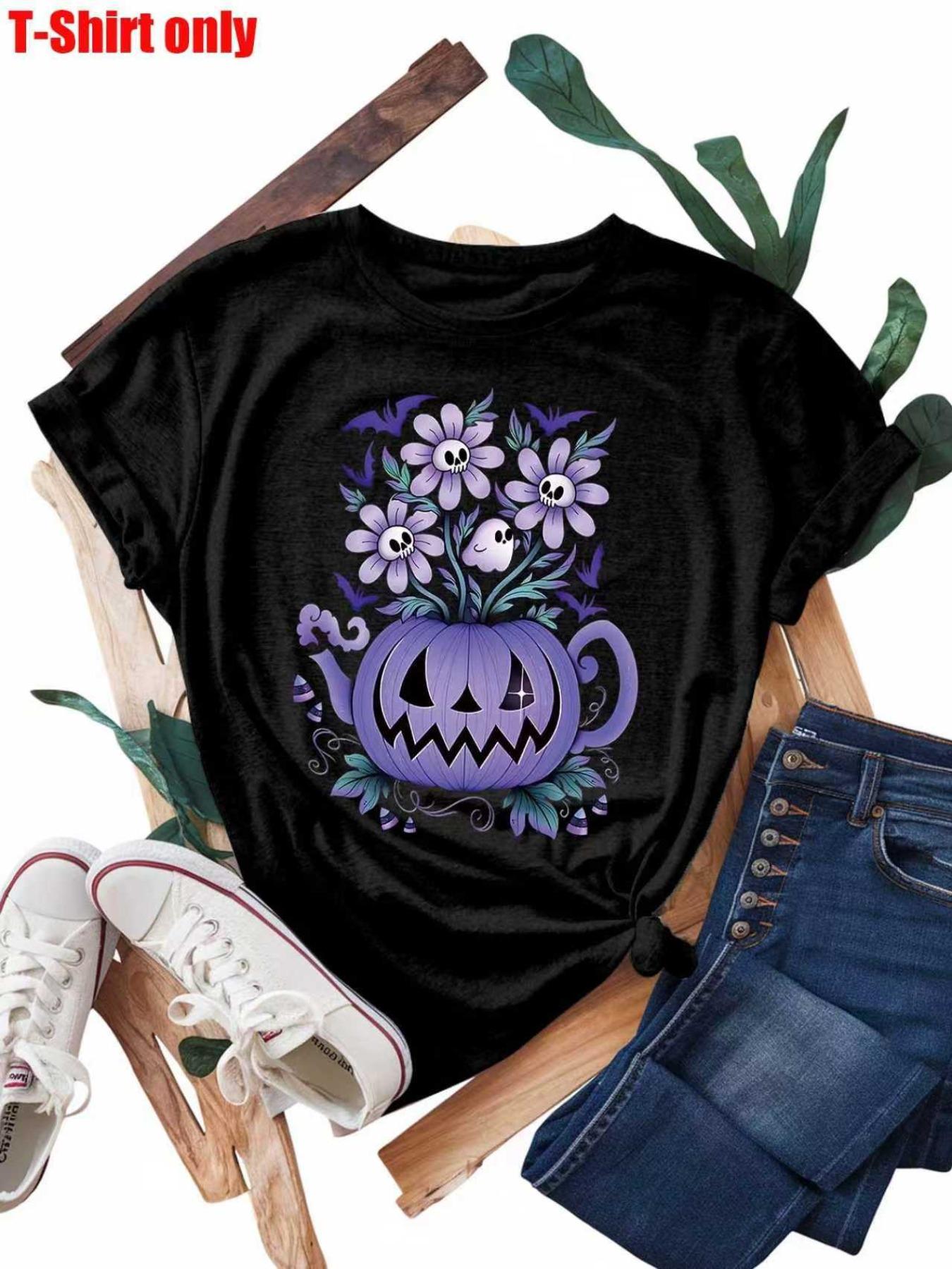 【Plus Size】 Pumpkin & Floral Print Round Neck Tee, Casual Halloween Graphic Short Sleeve T-shirt for Daily Wear, Women Plus Clothing for All Seasons