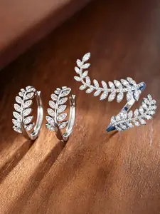 Silver Leaf Cubic Zirconia Ring Earrings Set, Boho Style, Alloy Chain, Perfect for Weddings, Birthdays, Gifts for Women