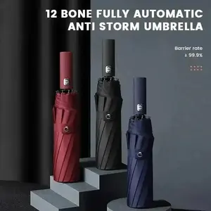 Fully Automatic 12-Rib Steel Foldable Anti-Ultraviolet Black Glue Umbrella, Water Proof Sun Protection Umbrella for Daily Use