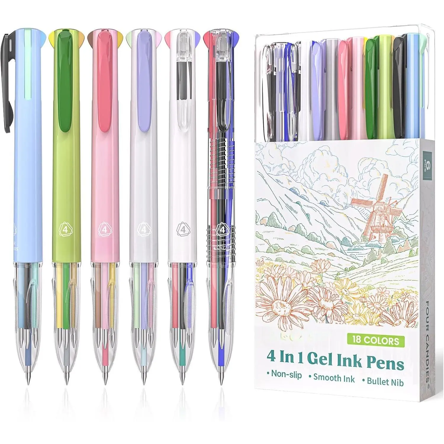 Multicolor Pen, 4-in-1 Gel Ink Pens, 6 Pack, 18 Colors, 0.5mm | Retractable Multi Color Pens  Dry,  Pens for Planner Journaling, to School Supplies & Nurse Accessories for Work