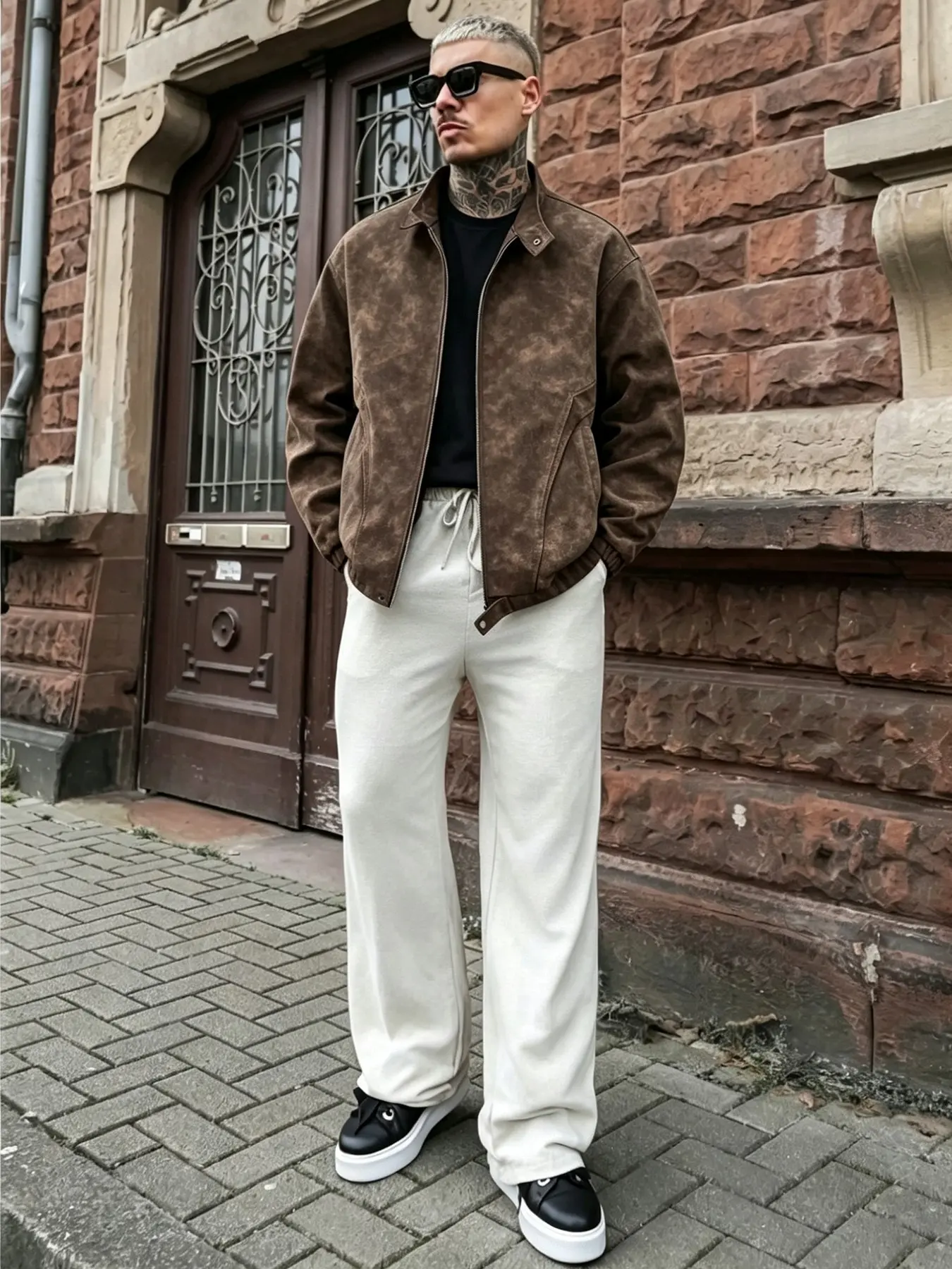 Men's Vintage Distressed Suede Pilot Jacket, Stand Collar Zipper Casual Loose Fit Windproof Streetwear Coat, Spring & Fall Outerwear