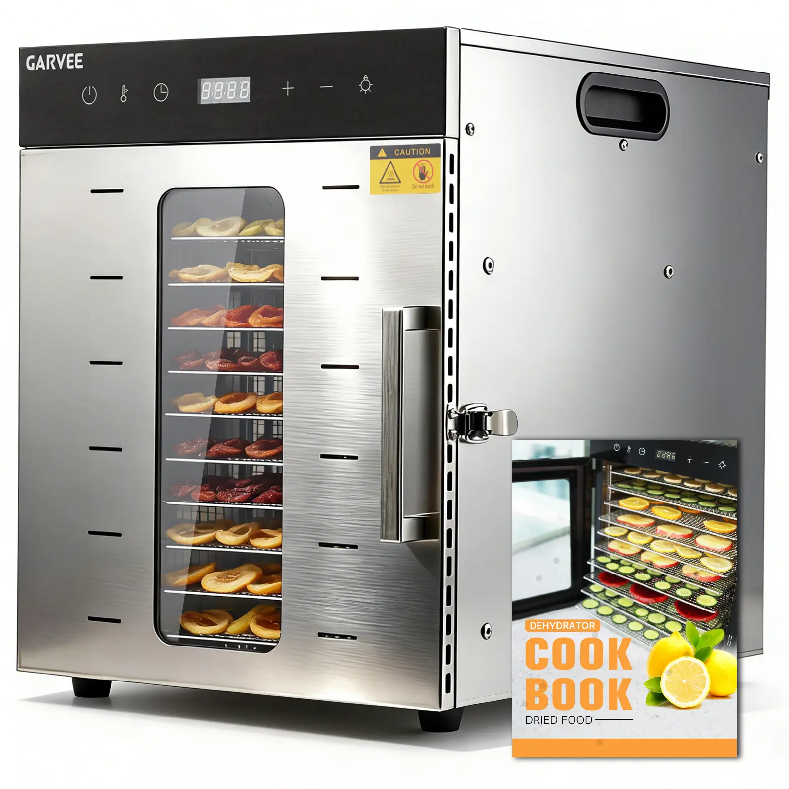 Stainless Steel 10-Tray Digital Food Dehydrator – Adjustable Temperature & Timer, BPA-Free, 800W, 110V, Recipe Book Included – Model SG-10A, Silver